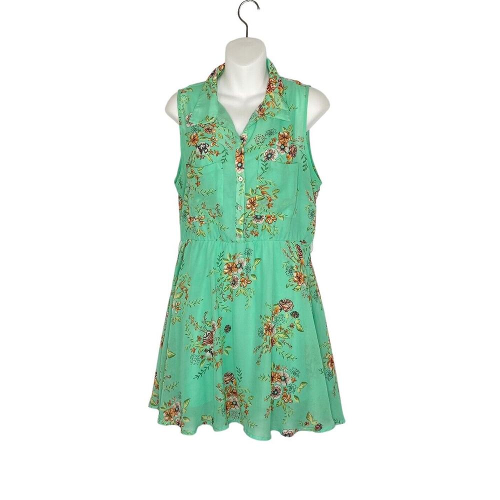 freebird Dress Womens Medium Green Floral Sleeveless Above Knee Flare‎ Lined